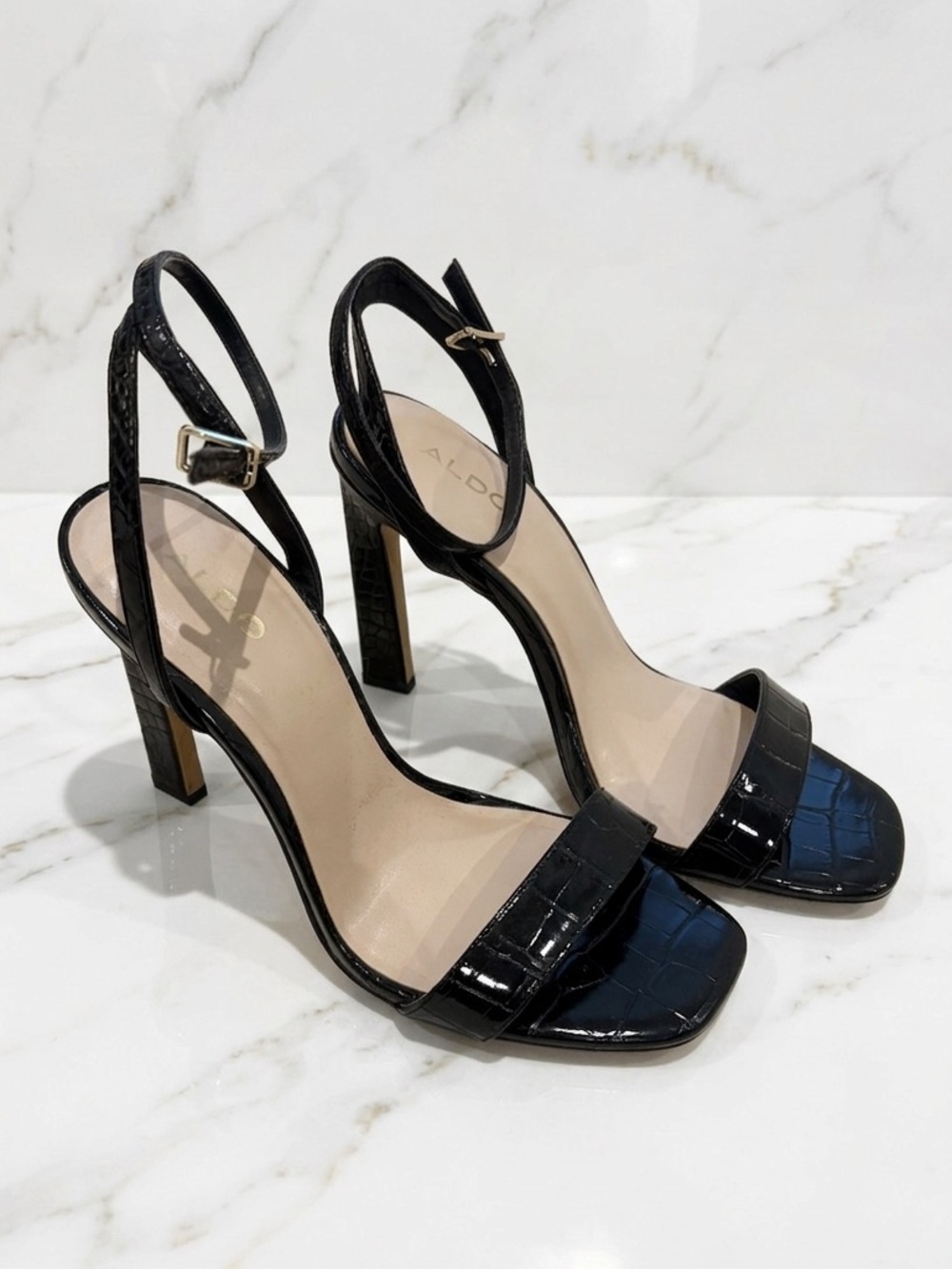 Aldo Black Croc-Embossed Slingback Stiletto Sandals